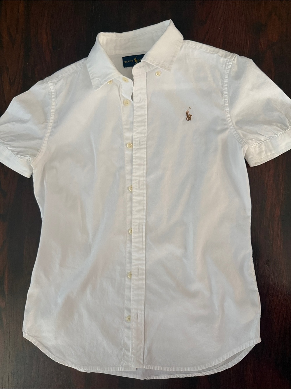 Ralph Lauren White Short-Sleeve Button-Down for Girls with Brown Pony